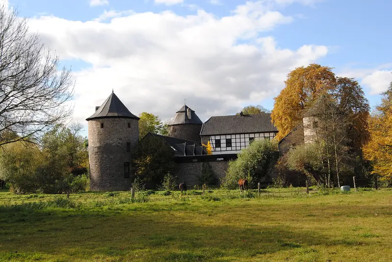 Wasserburg Haus zum Haus mit Rundtürmen und Herbstbäumen im Ratinger Angertal